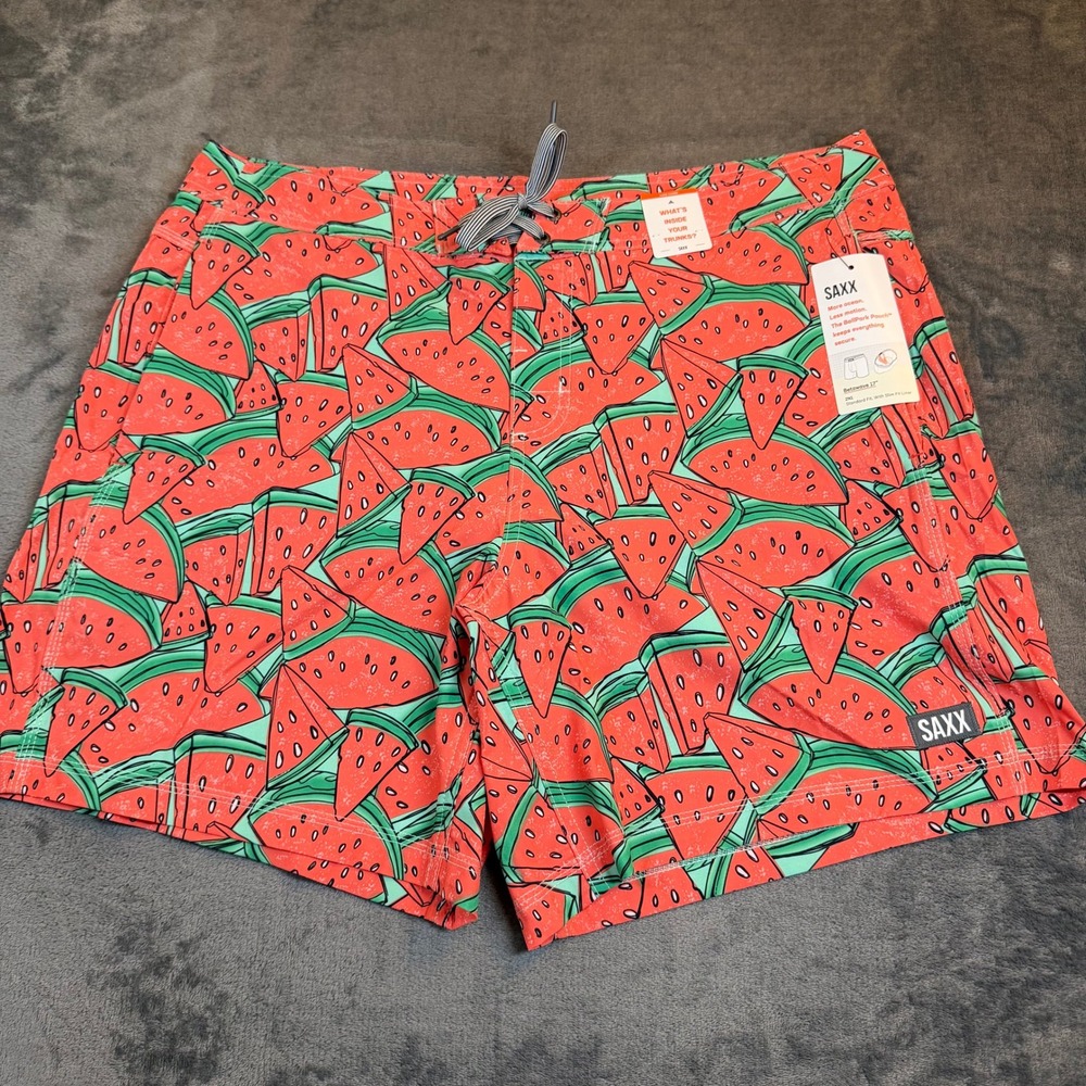 SAXX Betawave Swim Trunks Mens 38 Red Watermelon BallPark Pouch 2N1 Liner NWT